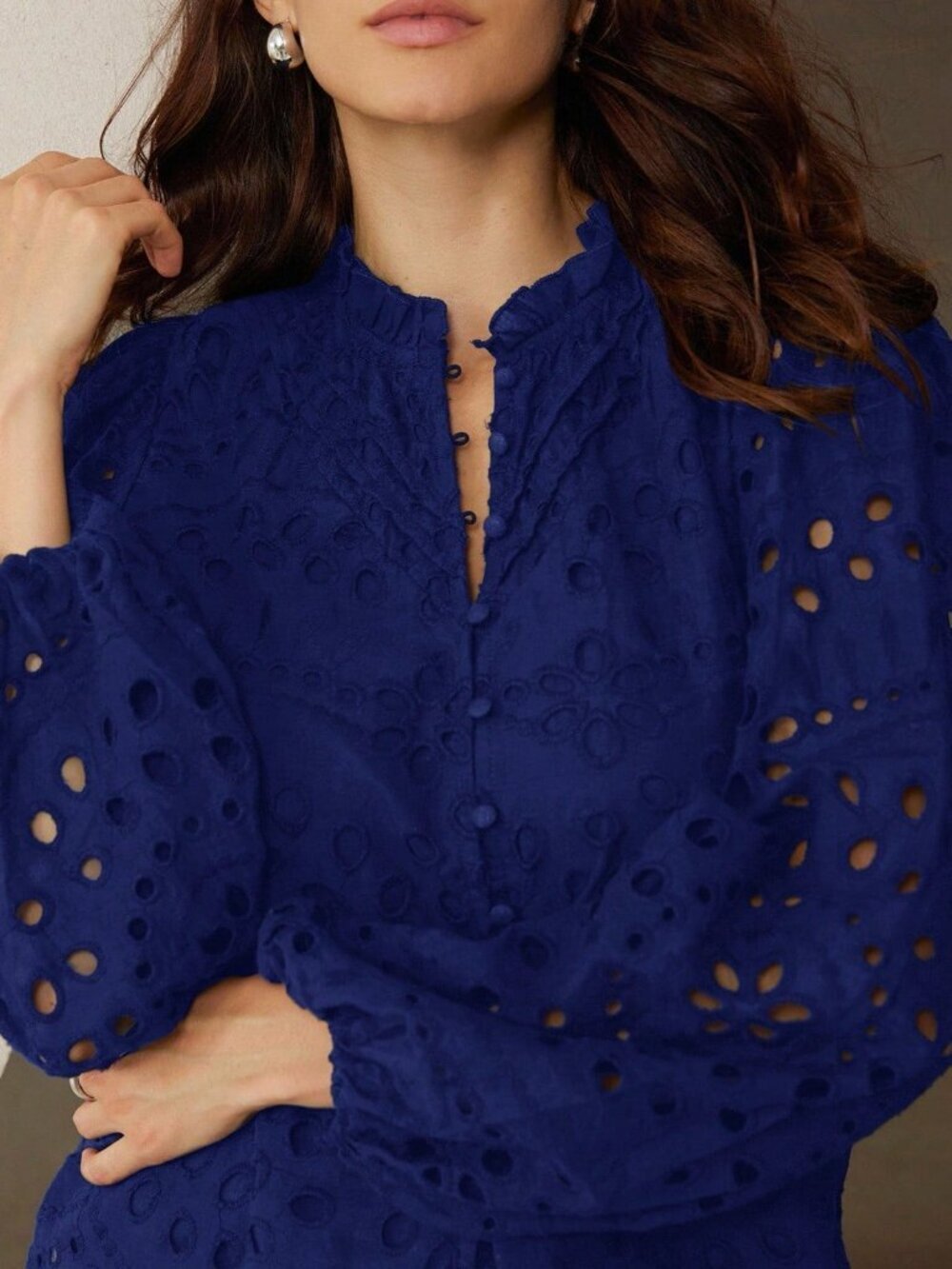 Blue Boho Women's Casual Embroidered Hollow-Out Pleated Front Long Sleeve Blouse - Picture 3 of 8
